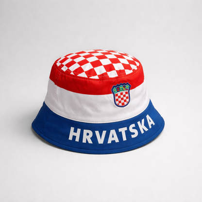 Bucket Hat Hrvatska Bucket hat with Croatian flag design and 'HRVATSKA' text on a light gray background