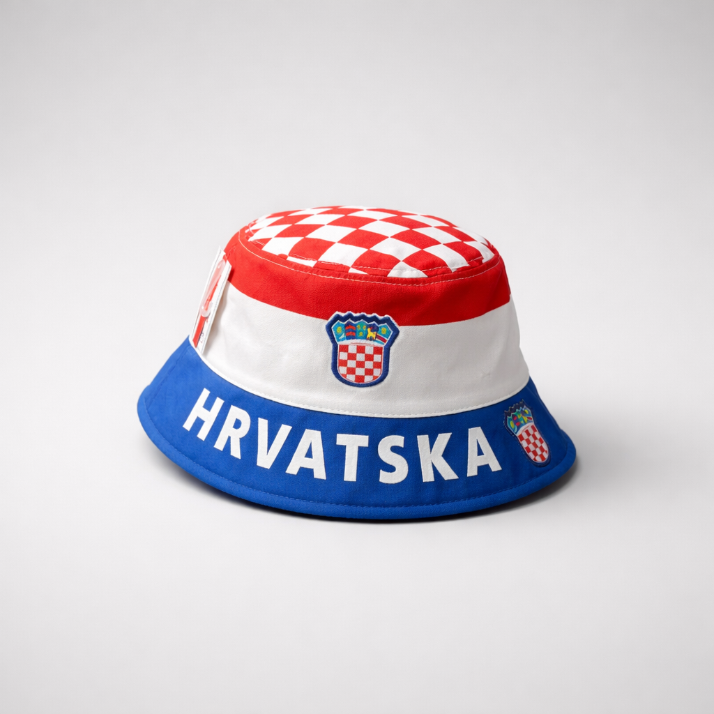 Bucket Hat Hrvatska Bucket hat with Croatian flag design and 'HRVATSKA' text on a white background