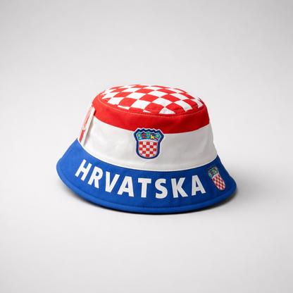 Bucket Hat Hrvatska Bucket hat with Croatian flag design and 'HRVATSKA' text on a white background