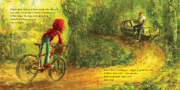 CRVENKAPICA (2020) Illustration of a person on a bicycle and another person sitting on a bench in a garden with text.