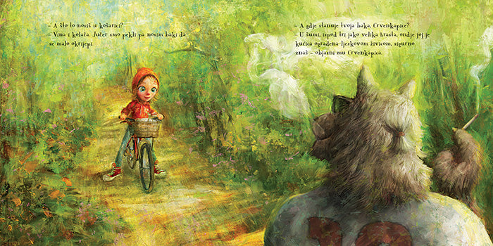 CRVENKAPICA (2020) Illustration of a child on a bike with a wolf and bird in a forest setting, featuring text.