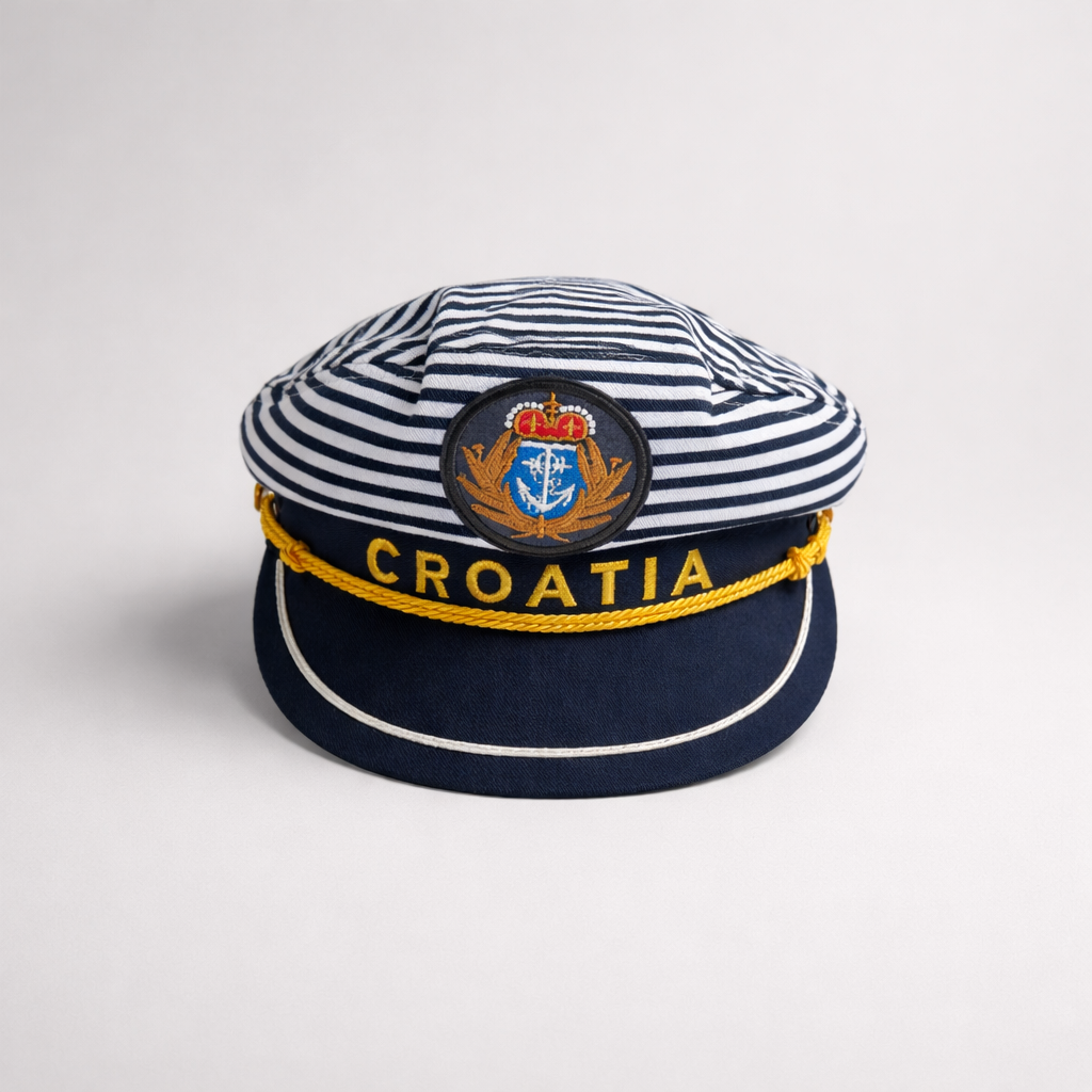 Captain Hat Croatia Dalmatinac Navy and white striped cap with 'Croatia' text on a light gray background