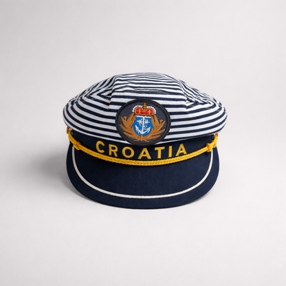 Captain Hat Croatia Dalmatinac Navy and white striped cap with 'Croatia' text on a light gray background