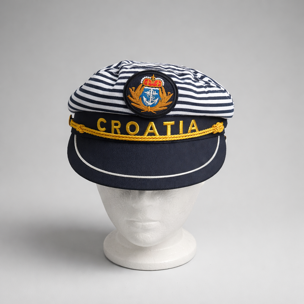 Captain Hat Croatia Dalmatinac Navy and white striped cap with 'Croatia' on a gray background