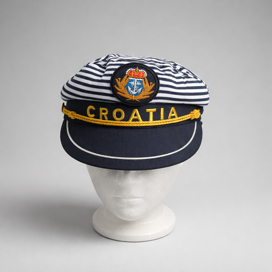 Captain Hat Croatia Dalmatinac Navy and white striped cap with 'Croatia' on a gray background