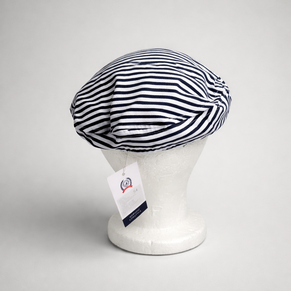 Captain Hat Croatia Dalmatinac Striped beret on a mannequin head with a tag against a gray background