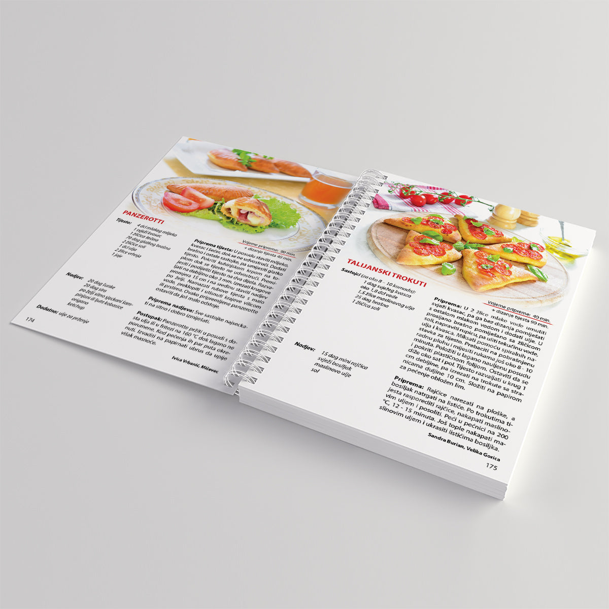 Kolači, čarolija užitka 2 Open cookbook showing recipe pages with images of food on a light gray background