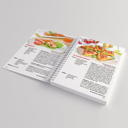 Kolači, čarolija užitka 2 Open cookbook showing recipe pages with images of food on a light gray background