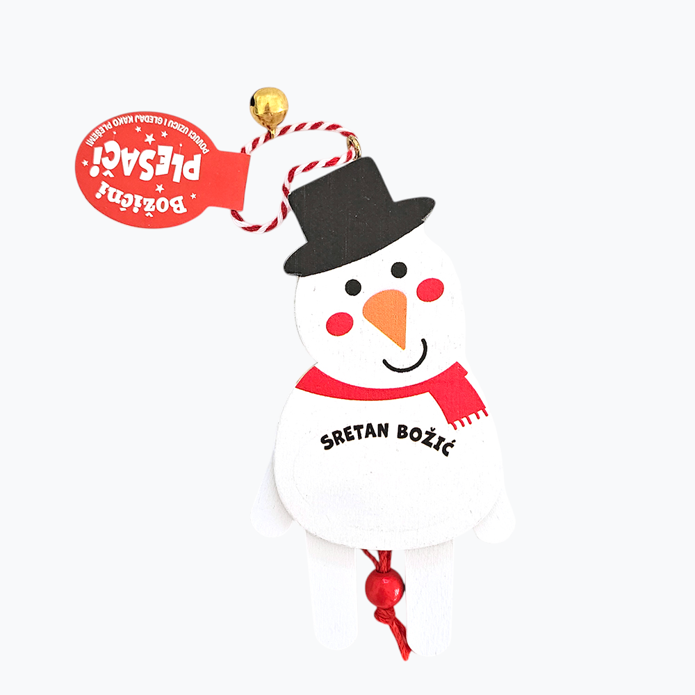 Christmas Ornament Sretan Božić With Moving Hands & Feet Decorative snowman with a top hat and scarf, featuring a festive banner on a white background.