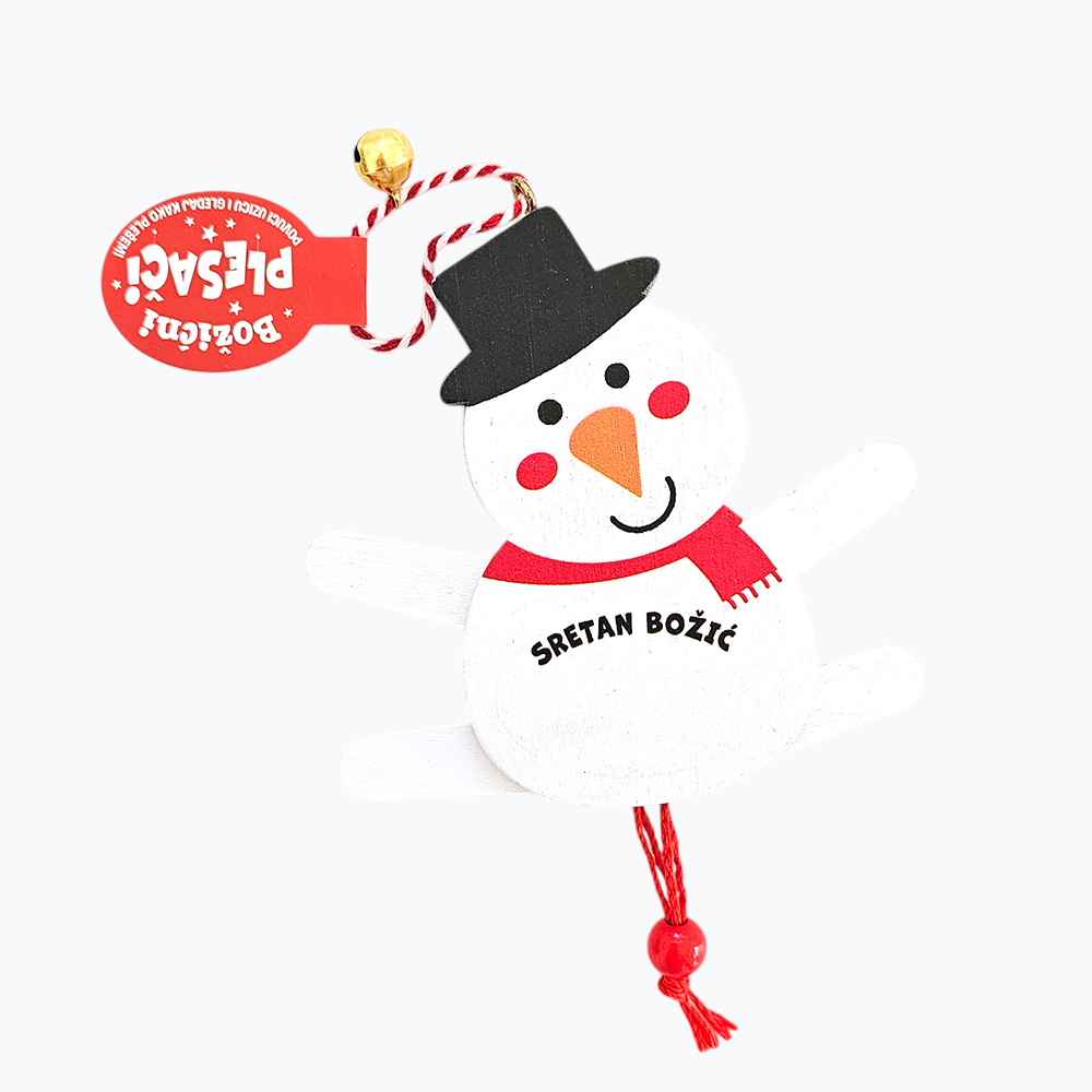 Christmas Ornament Sretan Božić With Moving Hands & Feet Decorative snowman ornament with a tag on a white background