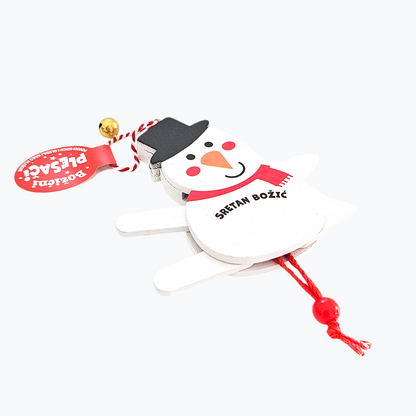 Christmas Ornament Sretan Božić With Moving Hands & Feet Decorative snowman ornament with a red tag on a white background