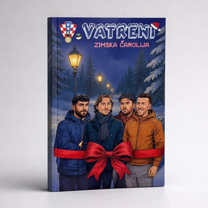 Comic Magazine HNS Vatreni Croatian Book cover with four men in winter clothing and a large red bow, set against a snowy night scene.
