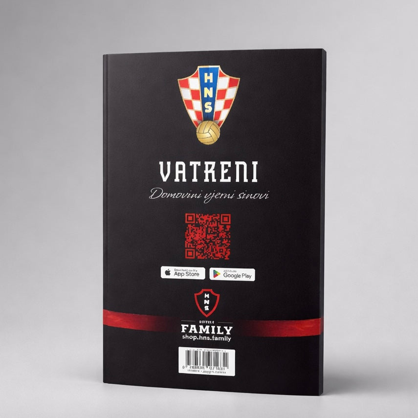 Comic Magazine HNS Vatreni Croatian Black book with Vatreni branding and a QR code on a gray background