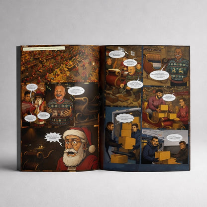Comic Magazine HNS Vatreni Croatian Open book with illustrated pages featuring a character in a Santa Claus outfit and other scenes.