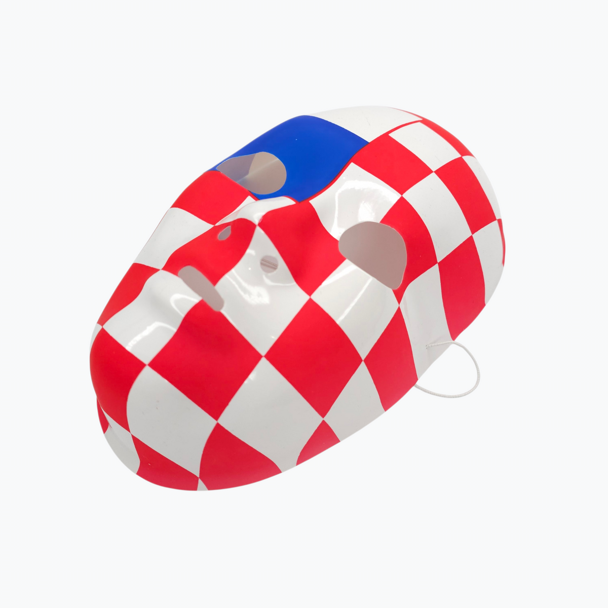 Costume Mask Red and white checkered mask with blue accents on a white background