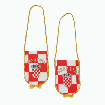 Croatia-Hrvatska Check Car Flag. Two small pouches with red and white checkered pattern and 'Hrvatska' text on a white background