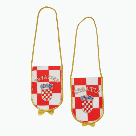 Croatia-Hrvatska Check Car Flag. Two small pouches with red and white checkered pattern and 'Hrvatska' text on a white background