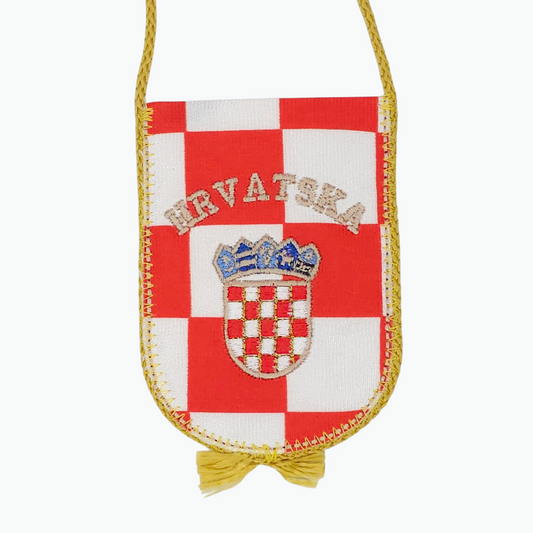 Croatia-Hrvatska Check Car Flag. Crest with red and white checkered pattern and 'HRVATSKA' text on a yellow border.