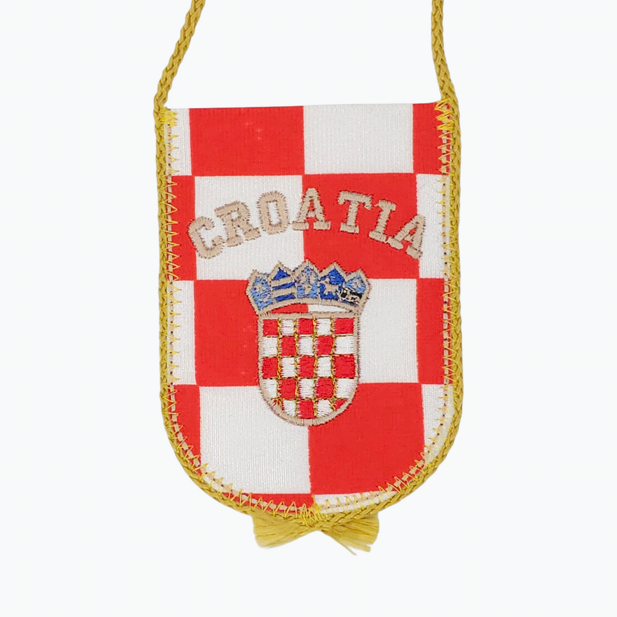 Croatia-Hrvatska Check Car Flag. Croatian flag-themed pouch with 'CROATIA' text and coat of arms on a white background