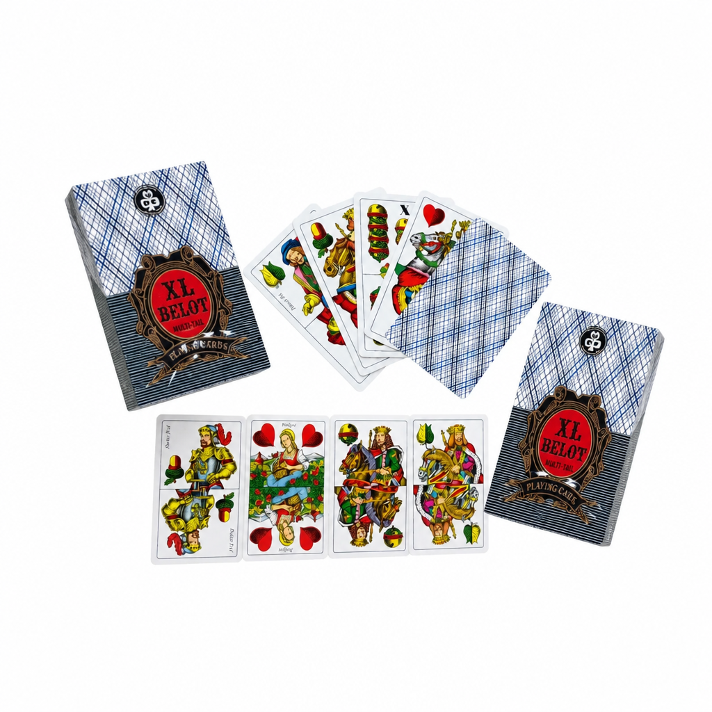 A set of XL Belot playing cards displayed on a white background, showing the blue plaid patterned deck box, a fan of cards, and four face-up cards displaying the illustrated card backs. Croatia BELOT Playing Cards - XL Size