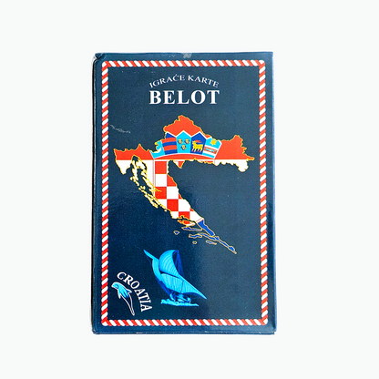 Croatia Belot Playing Cards Croatian Belot card game box with map design on a white background