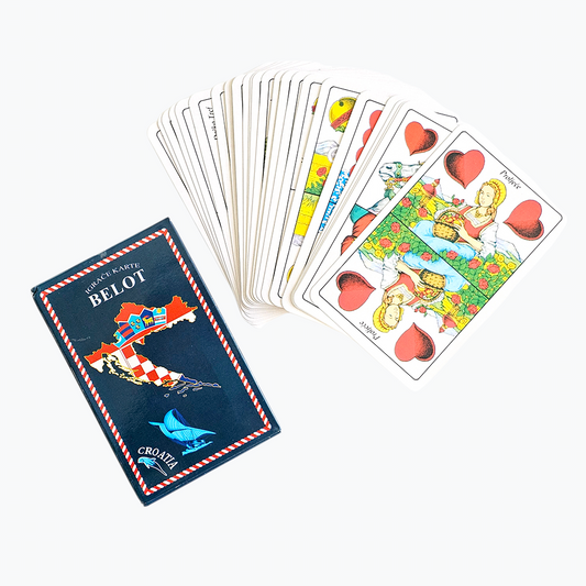 Croatia Belot Playing Cards Belot playing cards with a deck and box on a white background