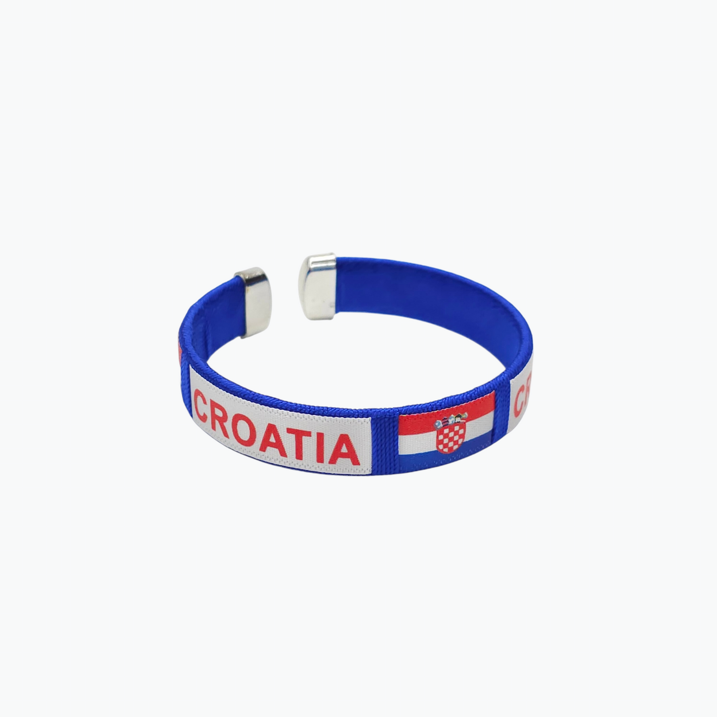 Croatia Blue Slim Cuff Bracelet Blue wristband with 'CROATIA' text and flag design on a white background