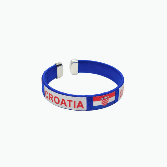 Croatia Blue Slim Cuff Bracelet Blue wristband with 'CROATIA' text and flag design on a white background