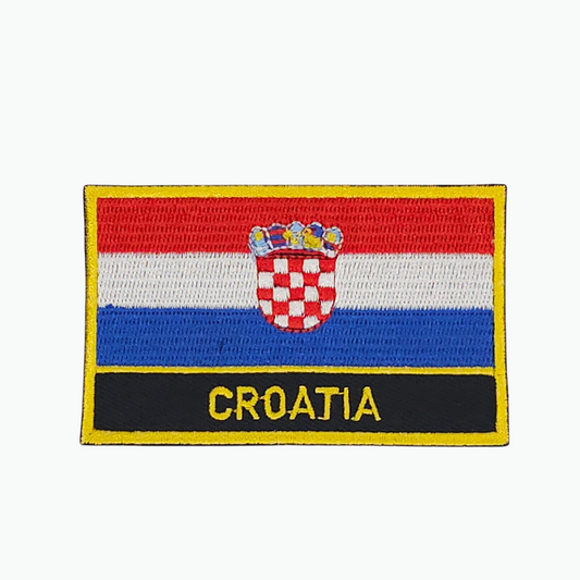 Croatia Flag Black Label Clothes Patch. Embroidered patch of the Croatian flag with 'CROATIA' text on a white background