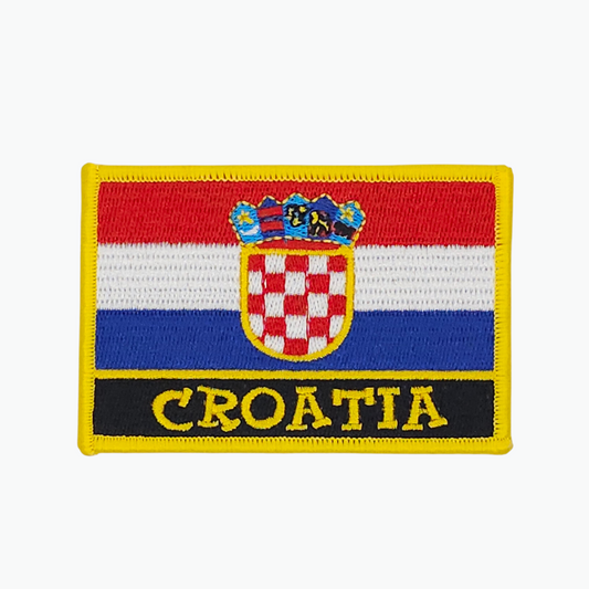 Croatia Flag Black Label Large Clothes Patch. Embroidered patch with Croatian flag design and 'CROATIA' text on a white background