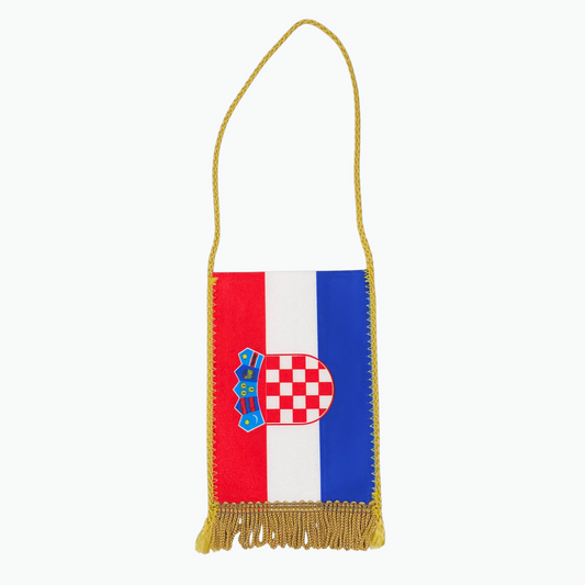 Croatia Horizontal Car Flag. Flag with red, white, and blue stripes and a heart emblem on a white background