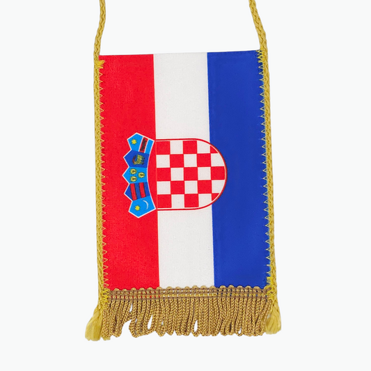 Croatia Horizontal Car Flag. Flag with red, white, and blue stripes featuring a crest on a white background