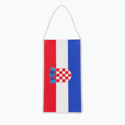 Croatia Long Vertical Car Flag. Hanging flag with red, white, and blue stripes and a heart emblem on a white background