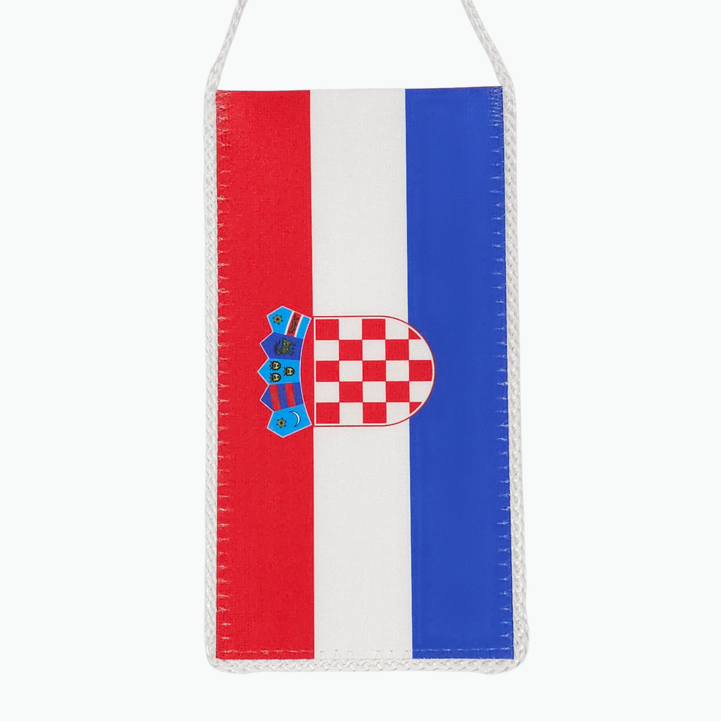 Croatia Long Vertical Car Flag. Hanging flag with red, white, and blue stripes and a central emblem on a white background