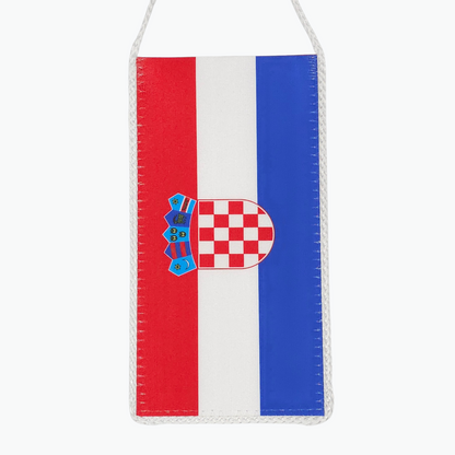 Croatia Long Vertical Car Flag. Hanging flag with red, white, and blue stripes and a central emblem on a white background