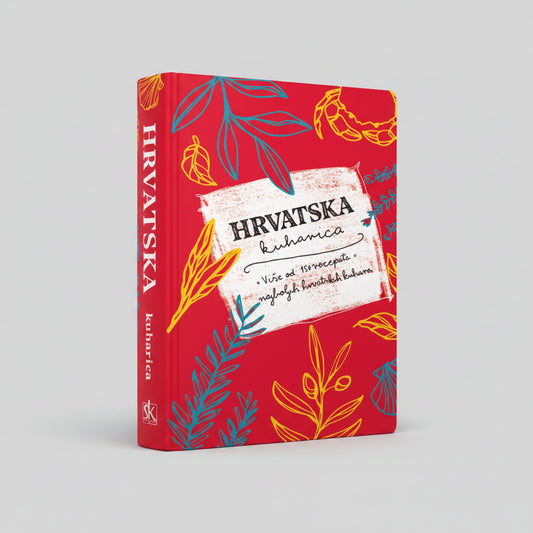 Croatia – The Cookbook (Croatian) Book cover with red background, white text, and colorful leaf patterns