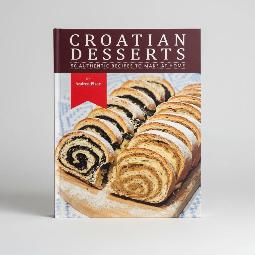 Croatian Desserts: Cookbook in English Language Book cover of 'Croatian Desserts' with a pastry on a white background