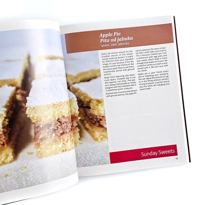 Croatian Desserts: Cookbook in English Language Open book showing a recipe for Apple Pie with a close-up of the dessert on a white background.