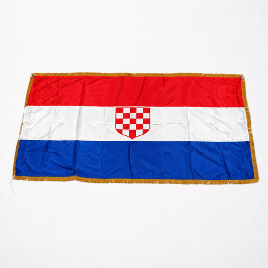 Croatian historic Silk Flag Prvo Bijelo Polje 200cm by 100cmFlag with red, white, and blue horizontal stripes and a coat of arms in the center on a white background