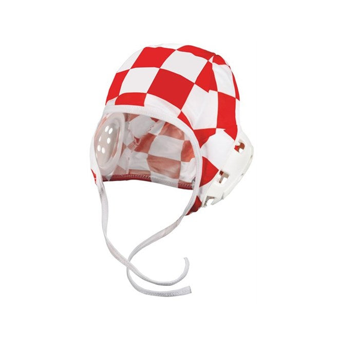 Croatian Water Polo Fan Hat A red and white checkered baby swim cap with a clear front window and white chin strap, shown on a plain white background.