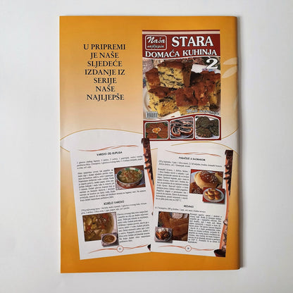 Croatian full‑colour cookbook featuring traditional recipes for musaka, sarma and stuffed vegetables. Softcover, 64 pages. Ideal for beginners and home cooks. Book cover of 'Stara Domáca Kuhinja' with images of food and text on a white background, Musaka Sarma
