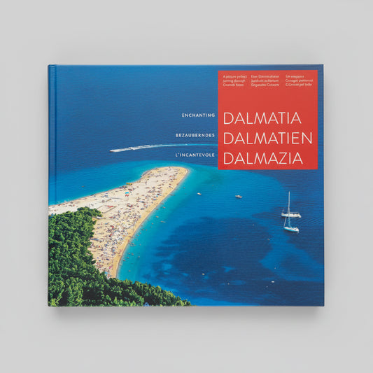 Dalmatia – Dalmatien – Dalmazia Book cover with an aerial view of a beach and blue sea, featuring the word 'Dalmatia' on a red background.