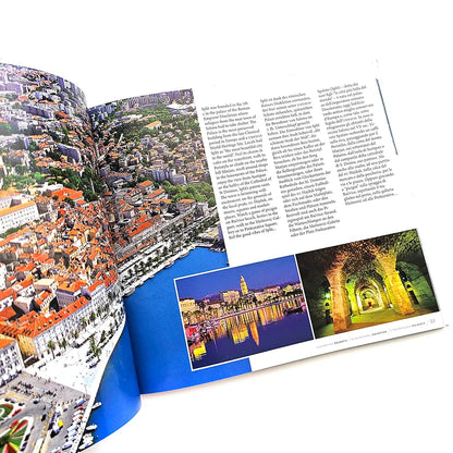 Dalmatia – Dalmatien – Dalmazia Open book showing cityscape images and text on a white background