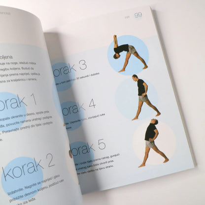 Detoksikacija – Priručnik Open book with yoga poses illustrated on a white background