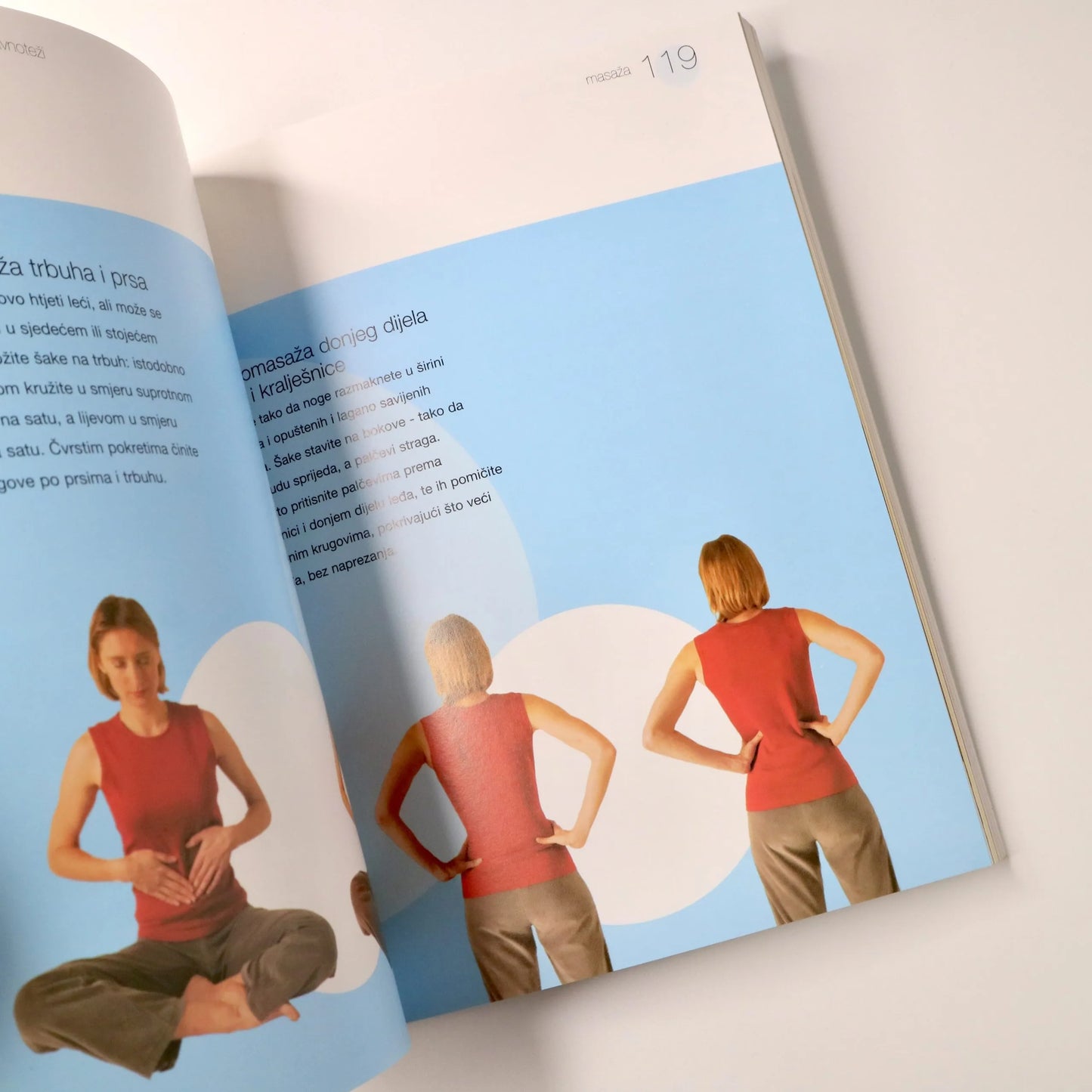 Detoksikacija – Priručnik Open book showing illustrations of a person in a red tank top and gray pants in various poses.