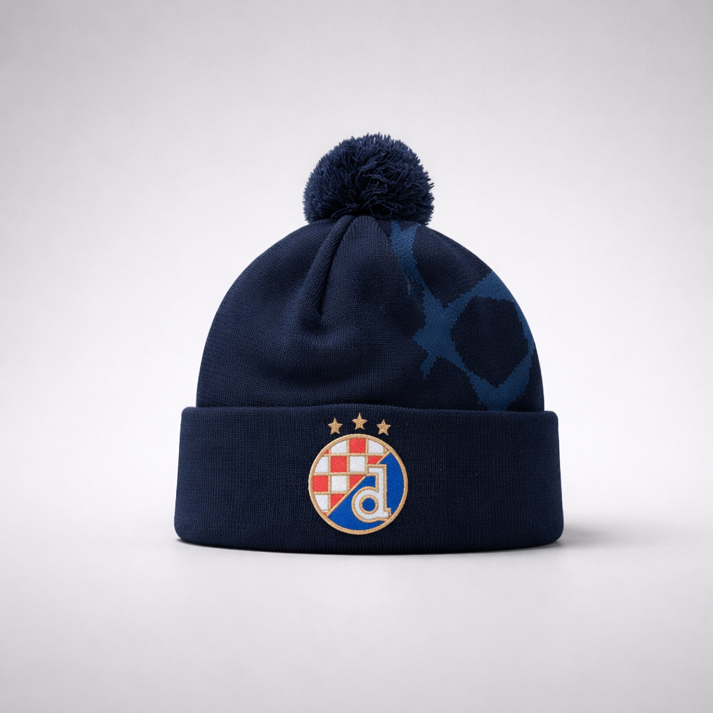 Beanie Dinamo Zagreb UCL Navy blue beanie with pom-pom and embroidered logo on a light gray background