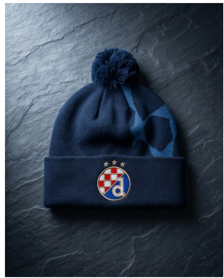 Beanie Dinamo Zagreb UCL Blue beanie with a logo on a dark textured surface