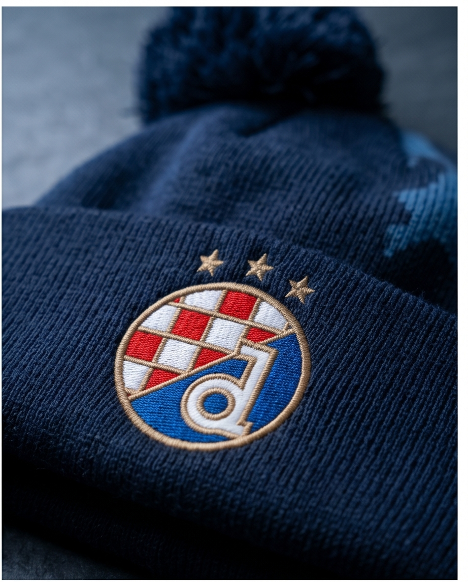 Beanie Dinamo Zagreb Navy blue beanie with embroidered emblem featuring red, white, and blue colors on a dark background. Beanie Dinamo Zagreb