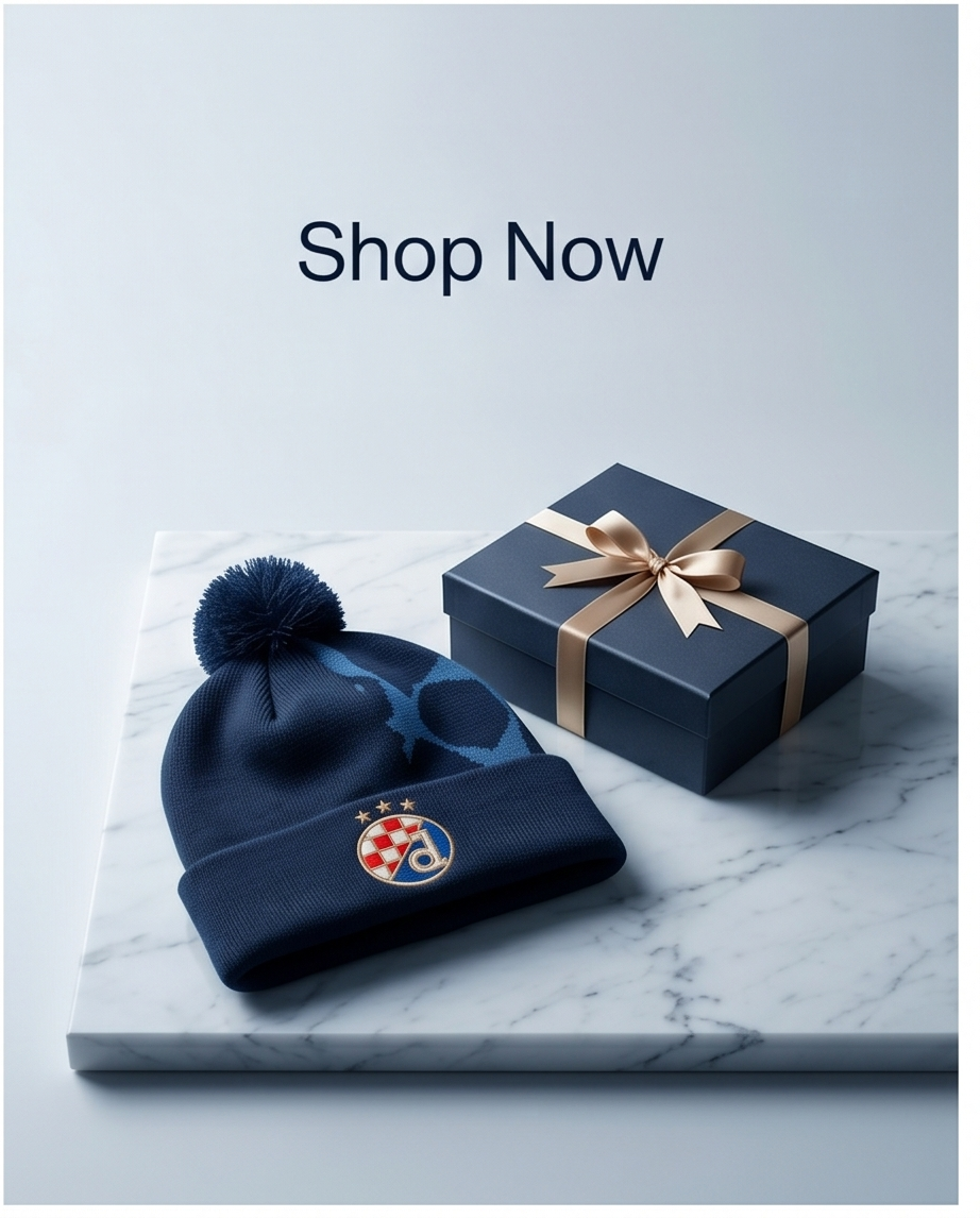 Beanie Dinamo Zagreb UCL Blue beanie with pom-pom and logo next to a gift box on a marble surface with 'Shop Now' text.