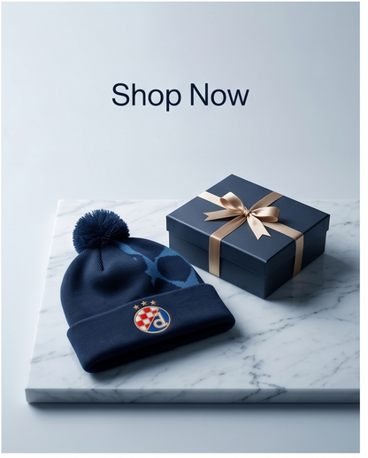 Beanie Dinamo Zagreb UCL Blue beanie with pom-pom and logo next to a gift box on a marble surface with 'Shop Now' text.